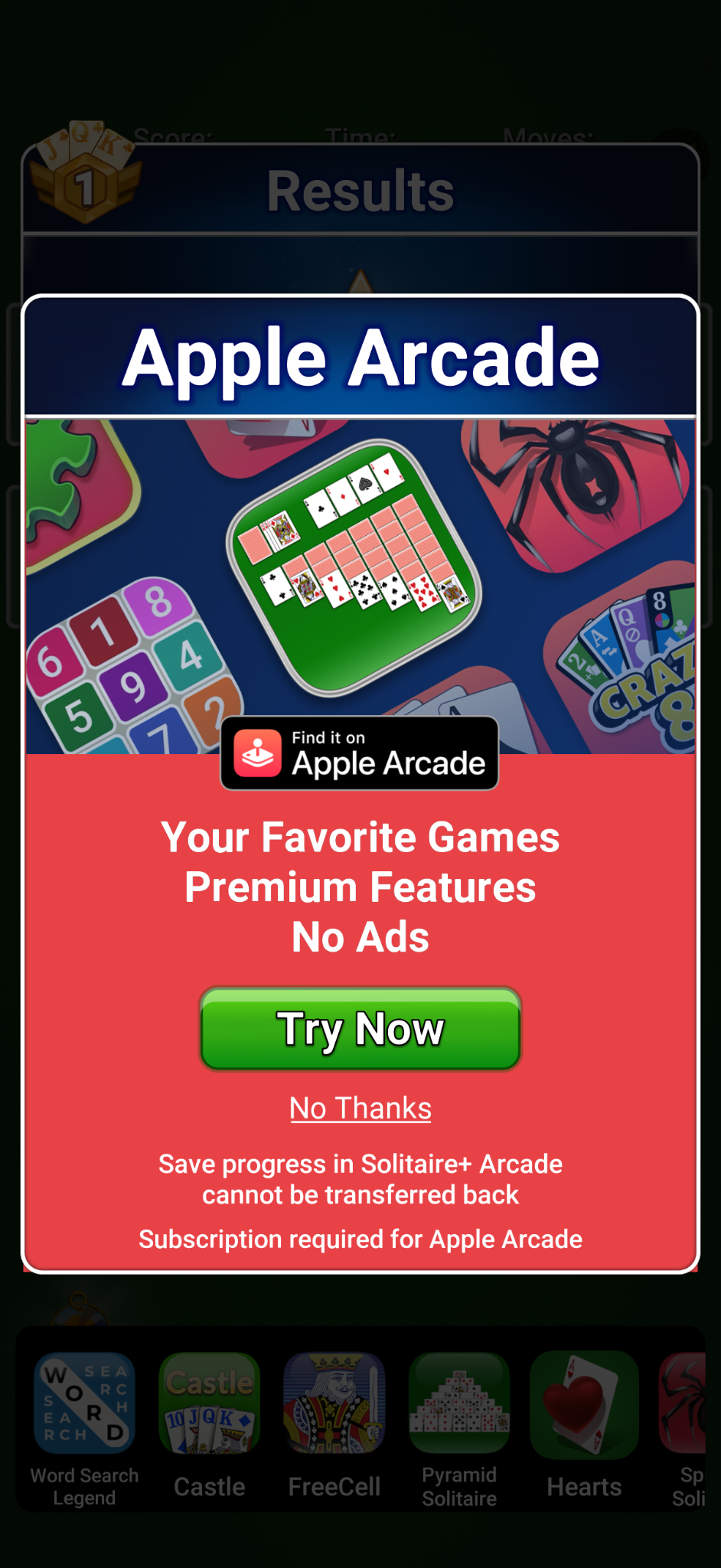 An Apple Arcade ad seen during MobilityWare's Solitaire game play that, despite being an ad for Apple Arcade, looks like an in-game notification.