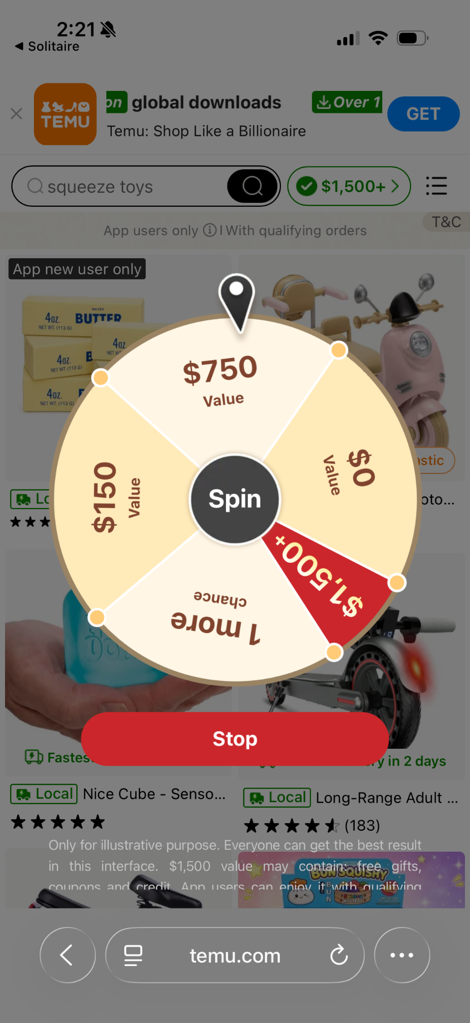 What greeted me after I was unable to hit the "x" out of the TEMU ad — a spinning wheel encouraging users to spin in order to receive some sort of discount to the site, ranging from $0 to $1,500.
