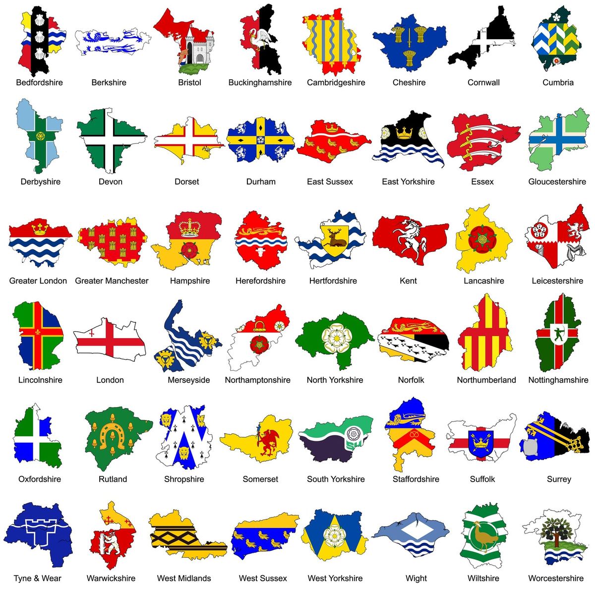 The shapes of each of England’s Counties each filled with the colourful flag design for that County.