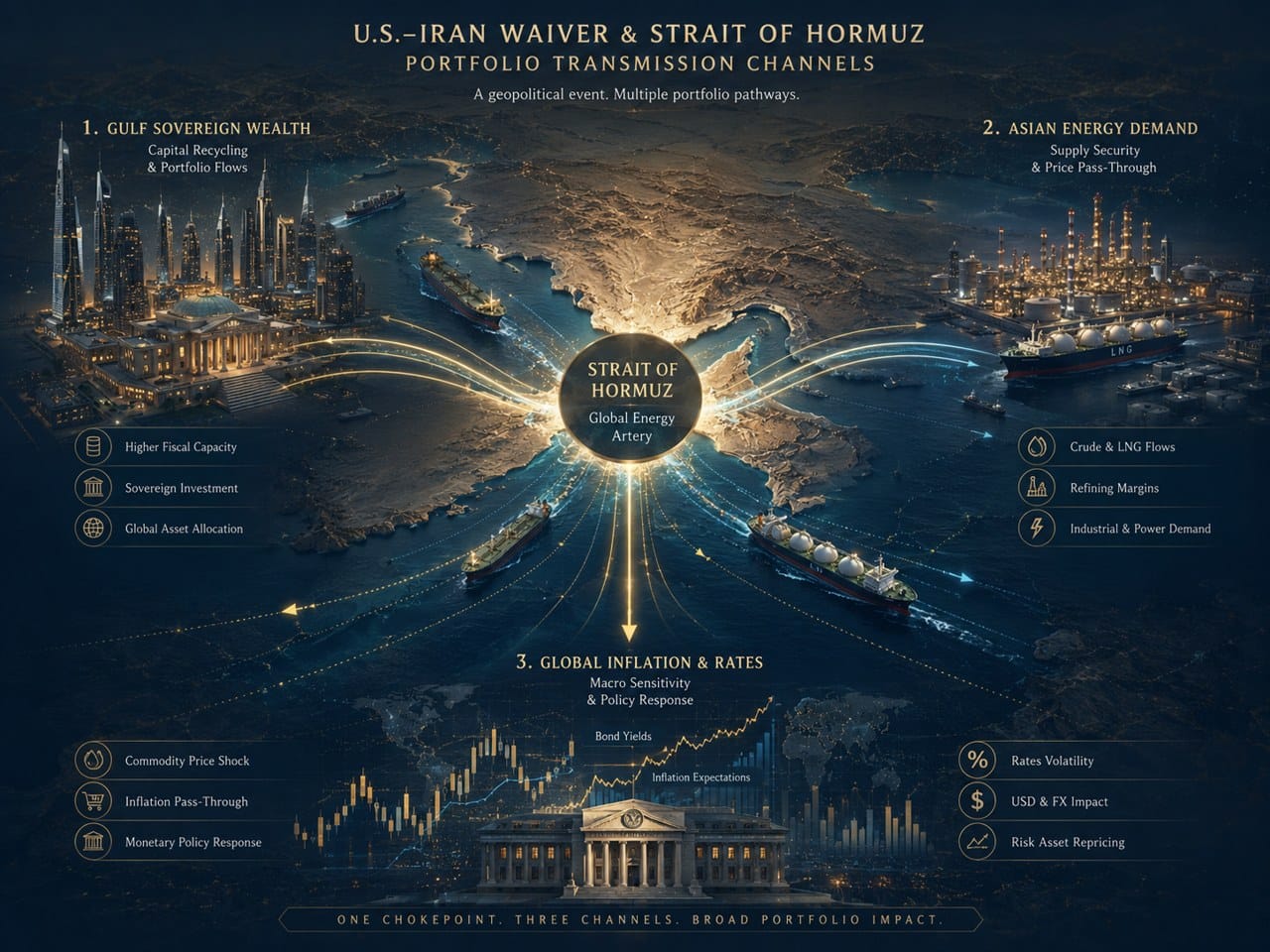 U.S.-Iran waiver and Strait of Hormuz portfolio transmission channels: Gulf sovereign wealth, Asian energy demand, and global inflation and rates