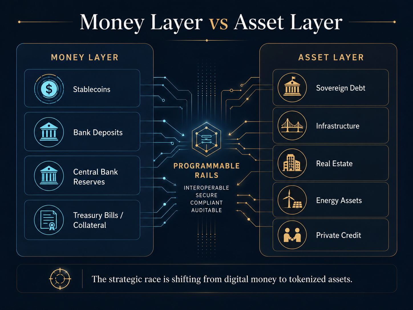 Money layer versus asset layer: stablecoins, bank deposits and reserves on one side; sovereign debt, infrastructure, real estate, energy and private credit on the other, joined by programmable rails.