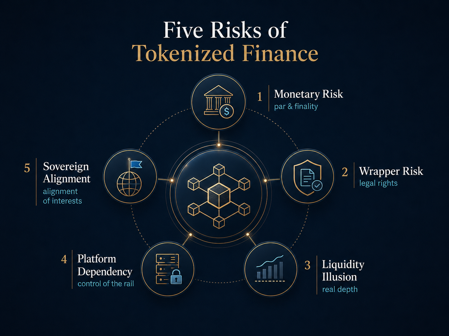 Five risks of tokenized finance: monetary risk, wrapper risk, liquidity illusion, platform dependency and sovereign alignment.