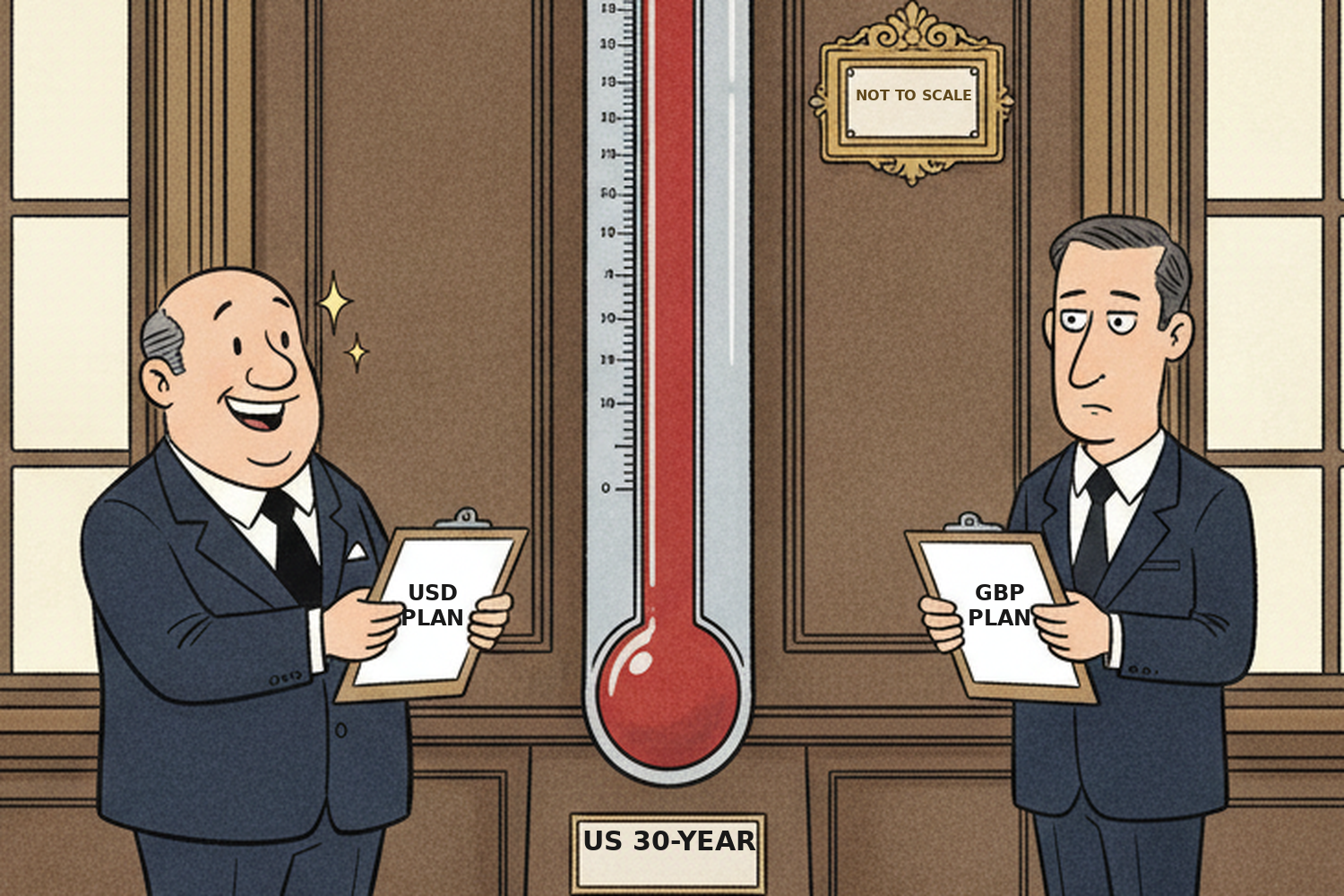 Editorial cartoon: two pension trustees stand either side of a large wall thermometer labelled US 30-YEAR. The left trustee beams, holding a clipboard reading USD PLAN. The right trustee looks flatly at an identical clipboard reading GBP PLAN. A small framed placard on the wall reads NOT TO SCALE.