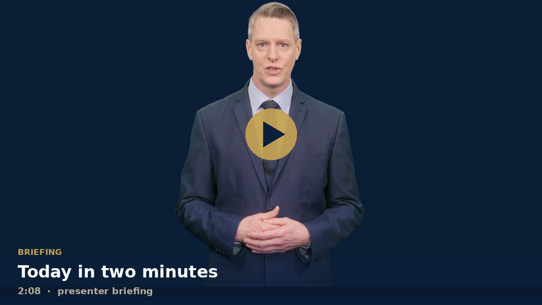 Presenter video still with play badge: the briefing, two minutes eight seconds.