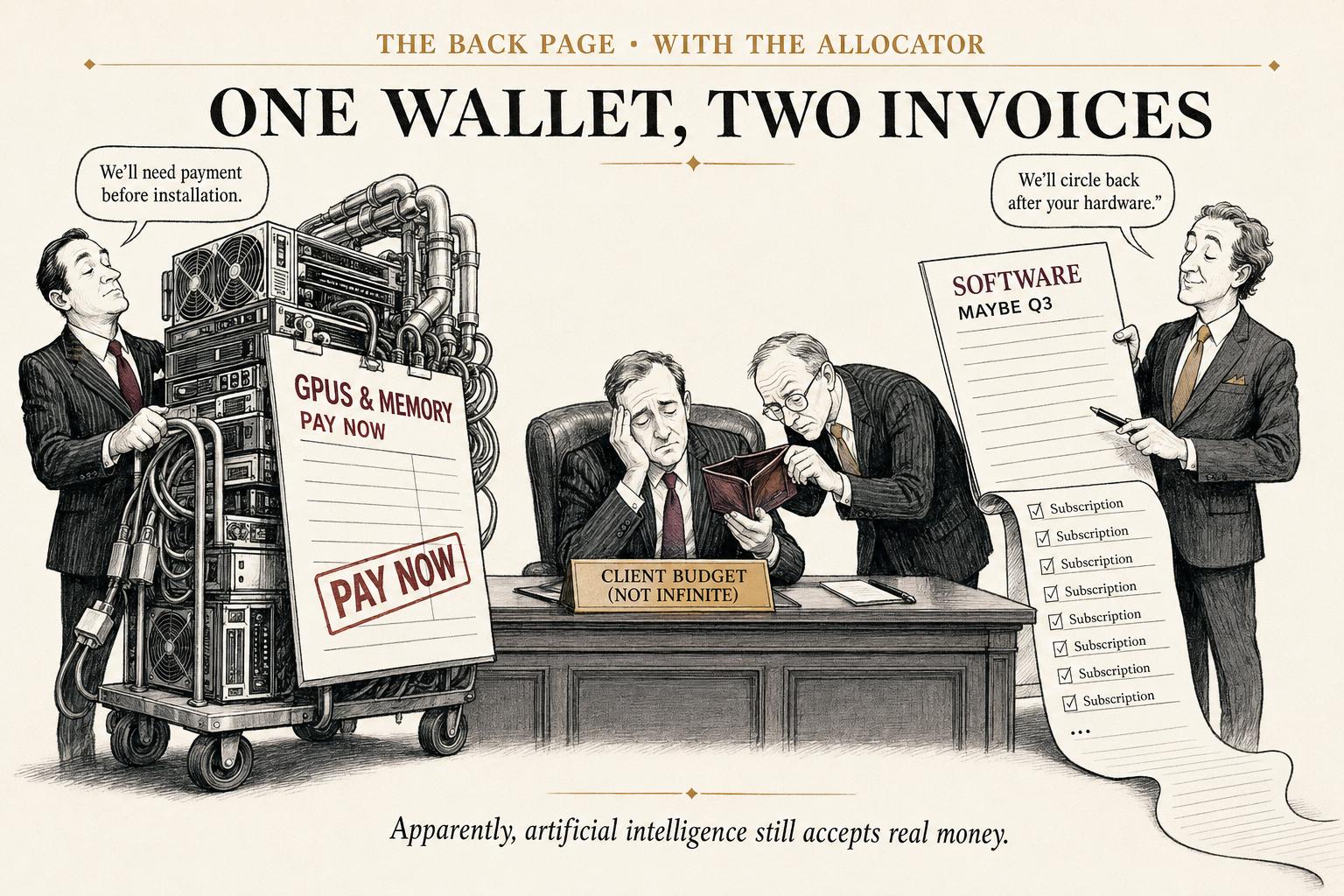 Editorial cartoon: one wallet, two invoices