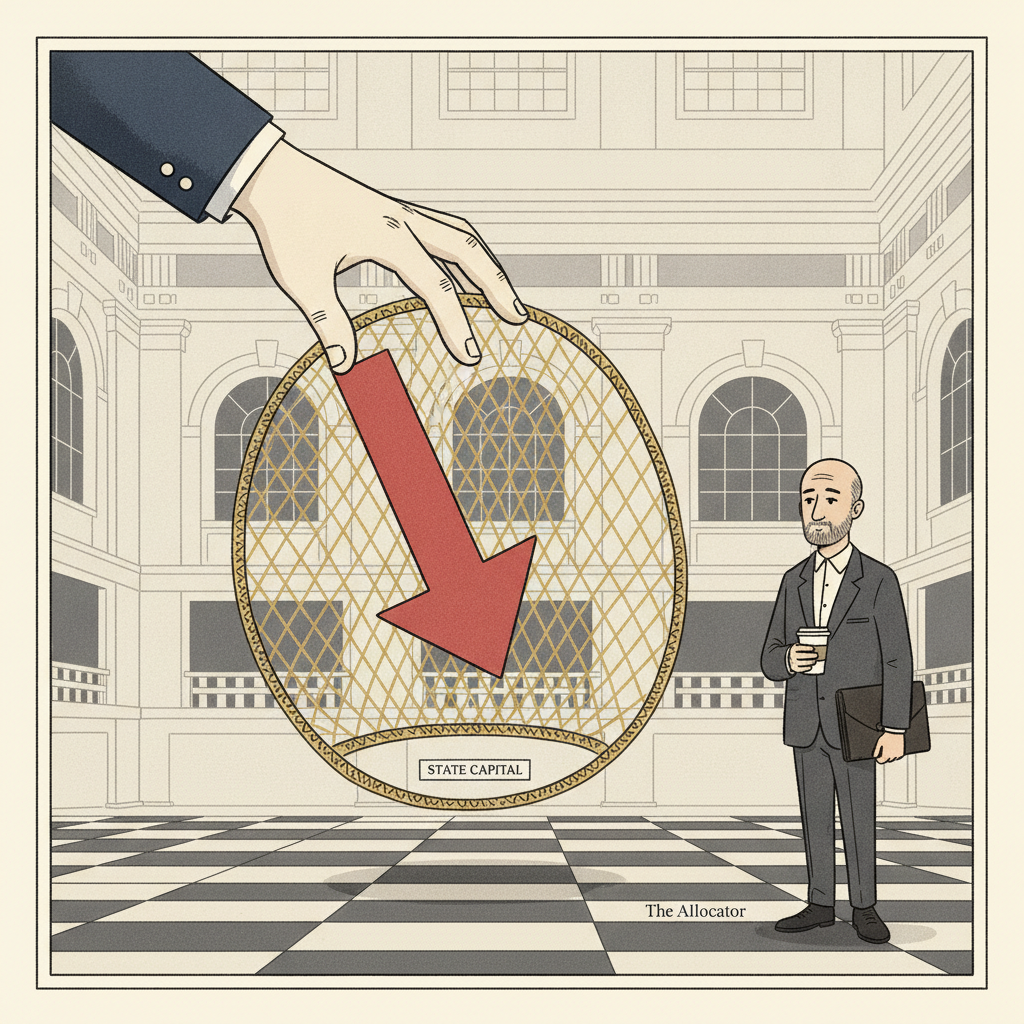 A giant state hand lowers a small net labelled STATE CAPITAL under a plunging market arrow while The Allocator watches