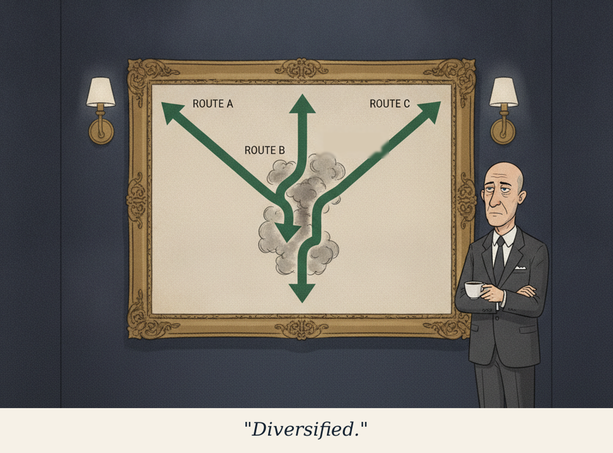 Editorial cartoon: a hotel fire-evacuation map shows three escape routes all passing through one smoke-filled shared hallway while The Allocator studies it with coffee. Caption: Diversified.