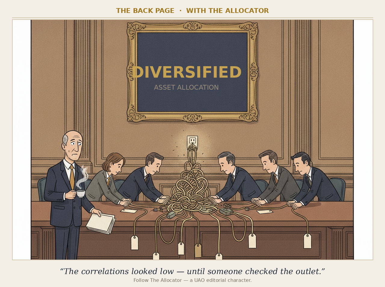 Editorial cartoon: an investment committee plugs every diversified allocation into a single overloaded socket while The Allocator watches
