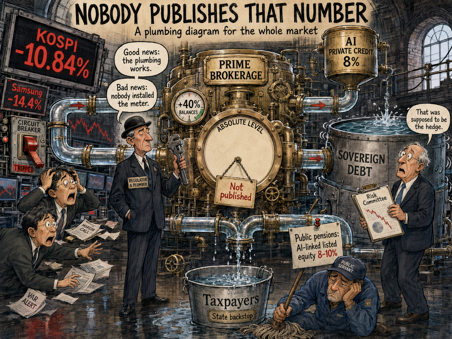 Editorial cartoon: a Victorian plumbing diagram of the market. A regulator-plumber stands beside a great brass prime-brokerage machine whose central gauge, labelled absolute level, is blank and tagged not published; pipes feed an AI private credit funnel and a sovereign-debt tank while traders panic under a KOSPI board and a public servant mops the taxpayers bucket.