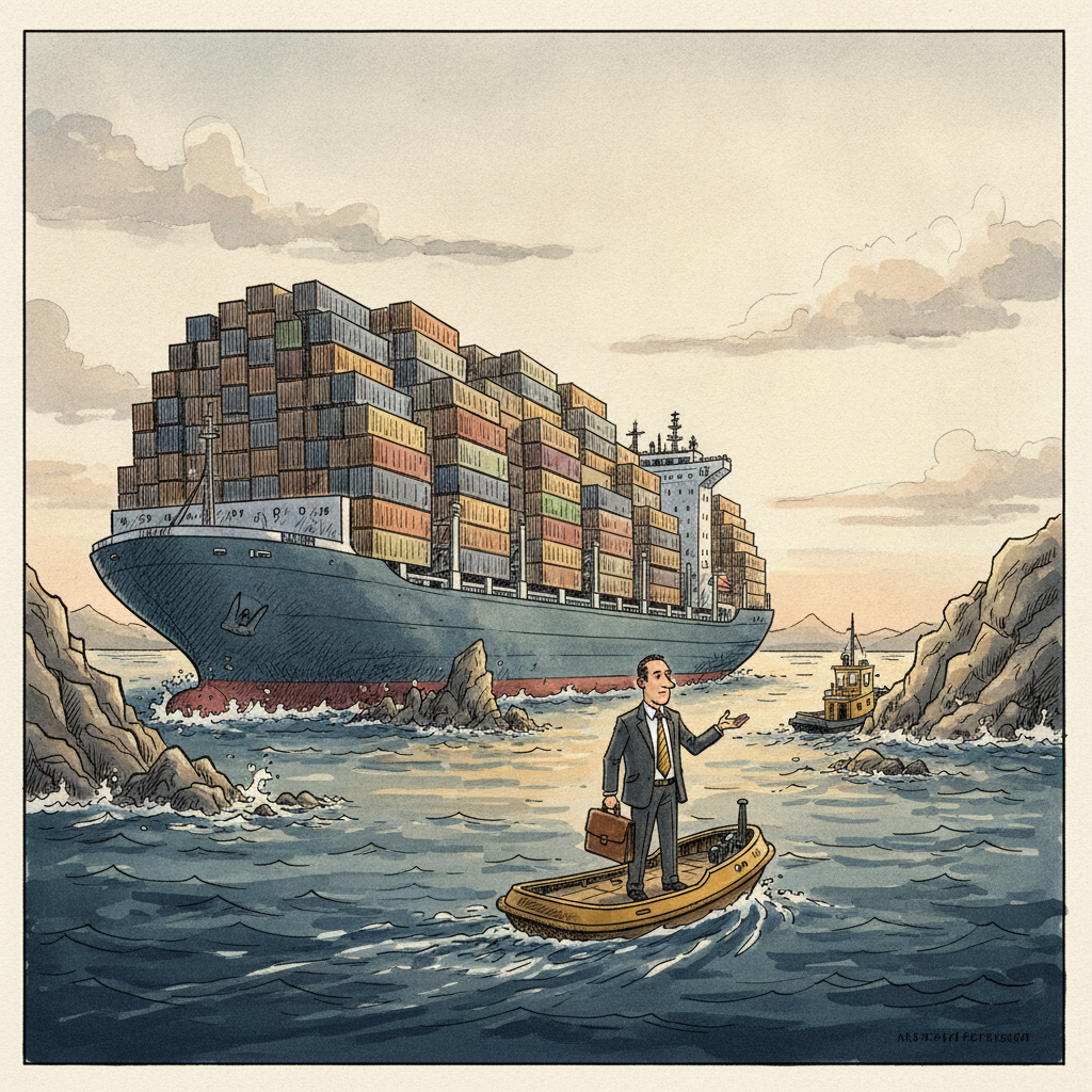 A container ship wedged in a strait while a single pilot boat turns free