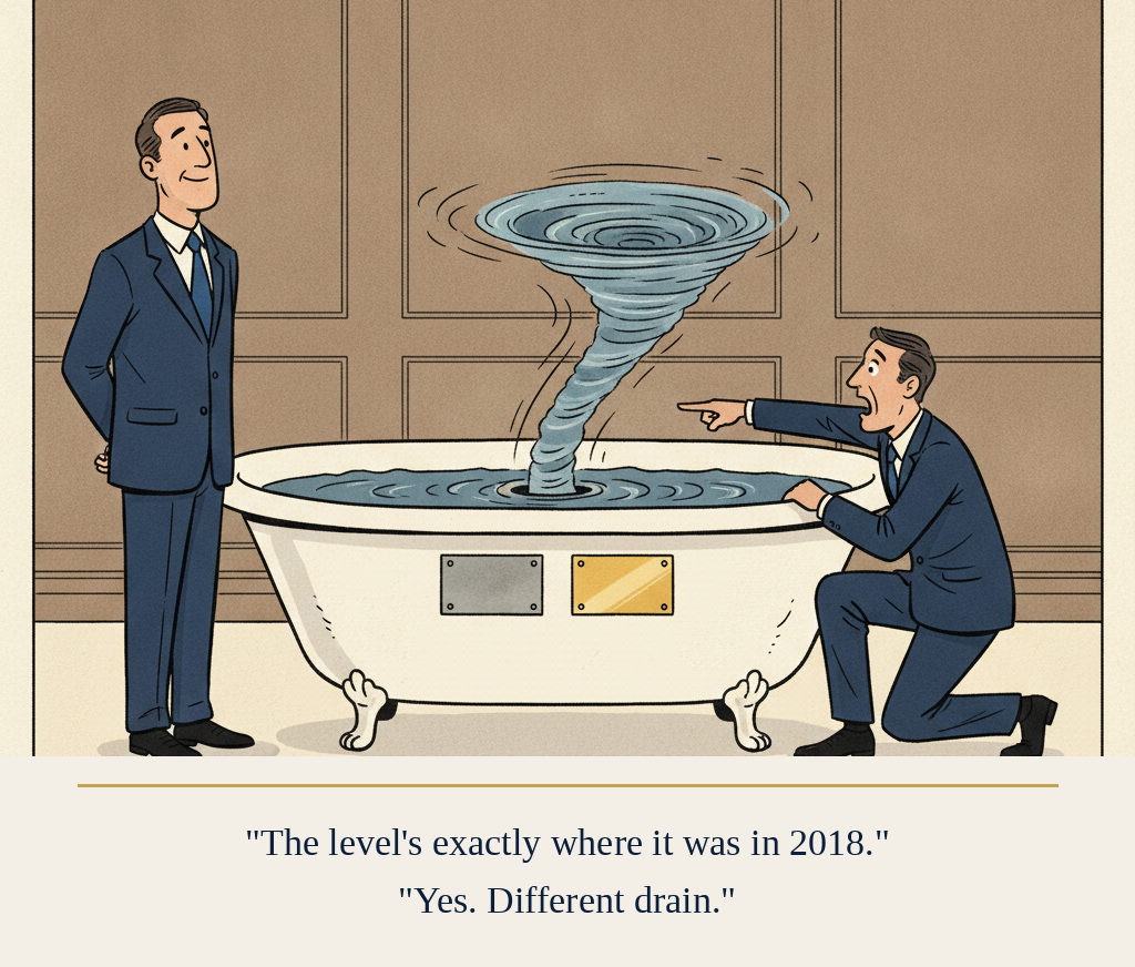 Editorial cartoon: nine executives admire a boardroom bathtub whose water level matches an old plaque while three point at the wide-open drain