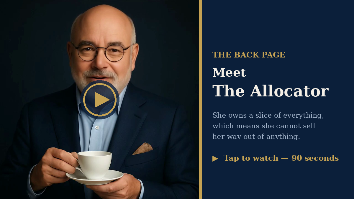 The Allocator portrait with a play badge: tap to watch, ninety seconds.