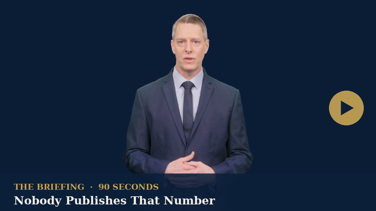 Presenter video still with play badge: The Briefing, ninety seconds.