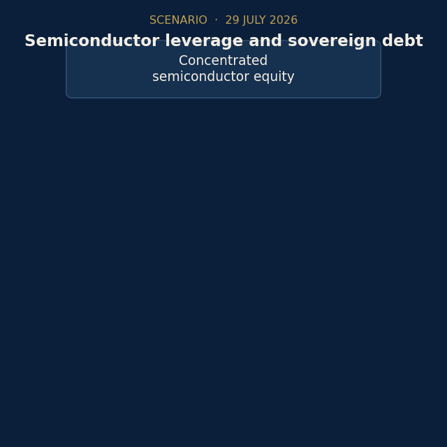 Animated scenario map running from concentrated semiconductor equity through record prime-brokerage leverage, losses at leveraged holders and cross-market deleveraging to the sovereign-bond sleeve, then the base case and four escalation triggers.