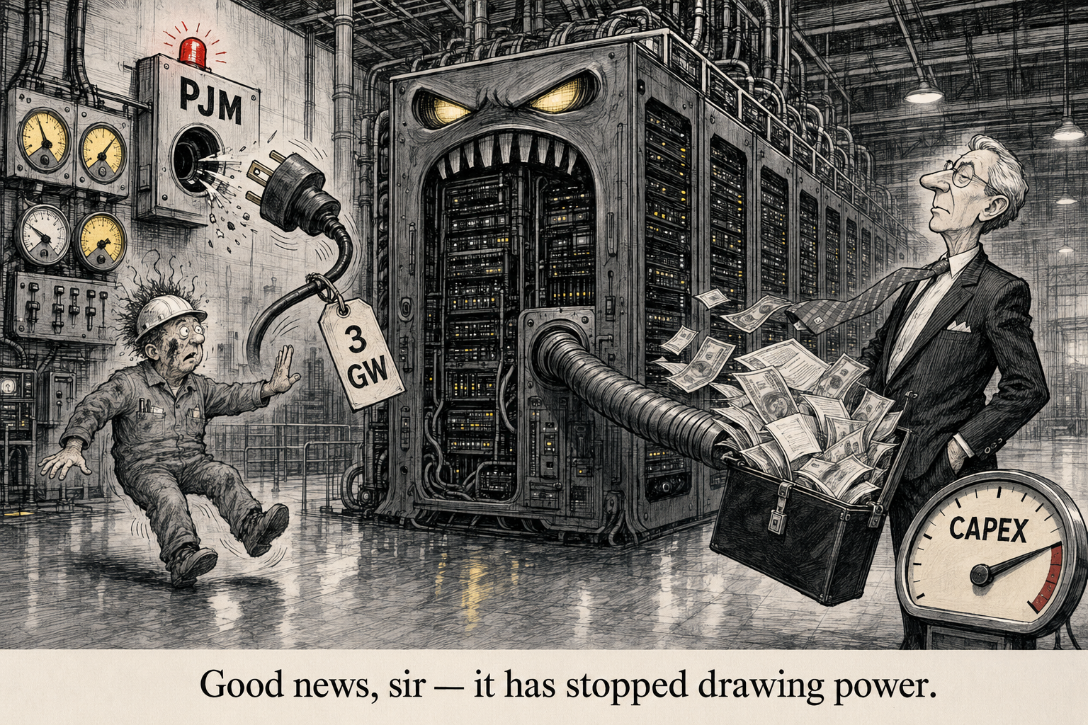 Editorial cartoon: The Allocator rests a hand on a data-centre power lever while the gauge behind him swings to empty