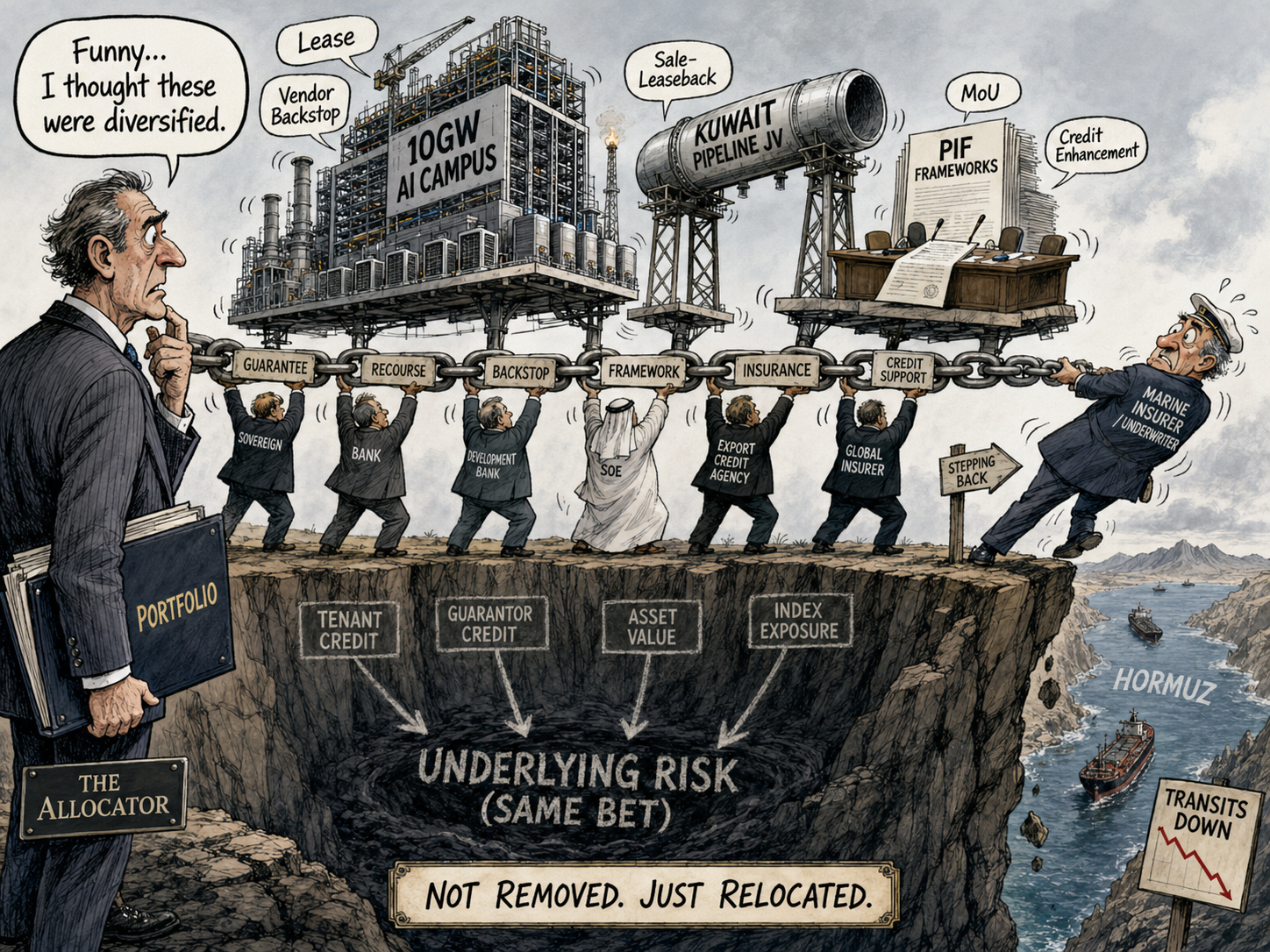 Editorial cartoon: a chain of guarantors holds up the AI campus, the Kuwait pipeline JV and the PIF frameworks over a cliff labelled underlying risk