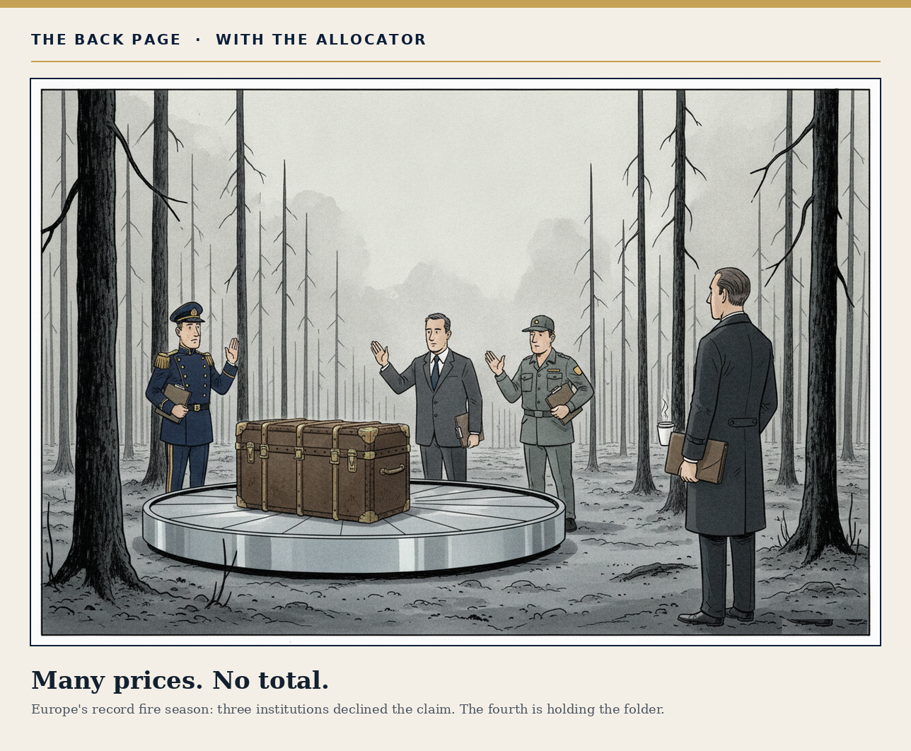 Editorial cartoon: a lone trunk circles a baggage carousel in a burnt forest while three officials decline to lift it off