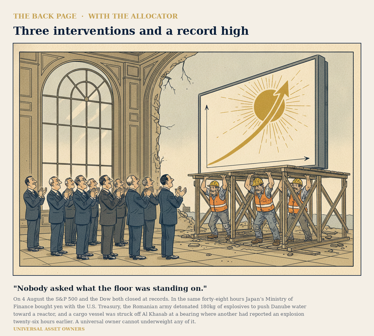 Editorial cartoon: investors applaud a record on the big board while three workers in high-visibility vests hold up the scaffolding the trading floor stands on