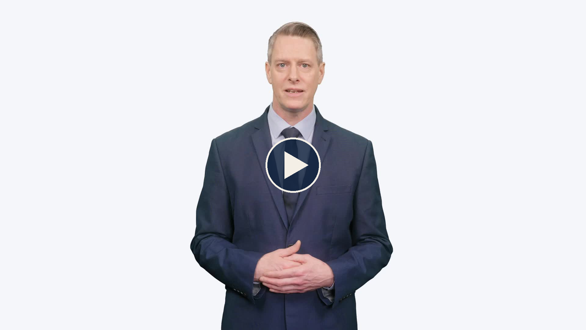 Presenter video still with play badge: the daily briefing video, ninety seconds. Tap to watch.