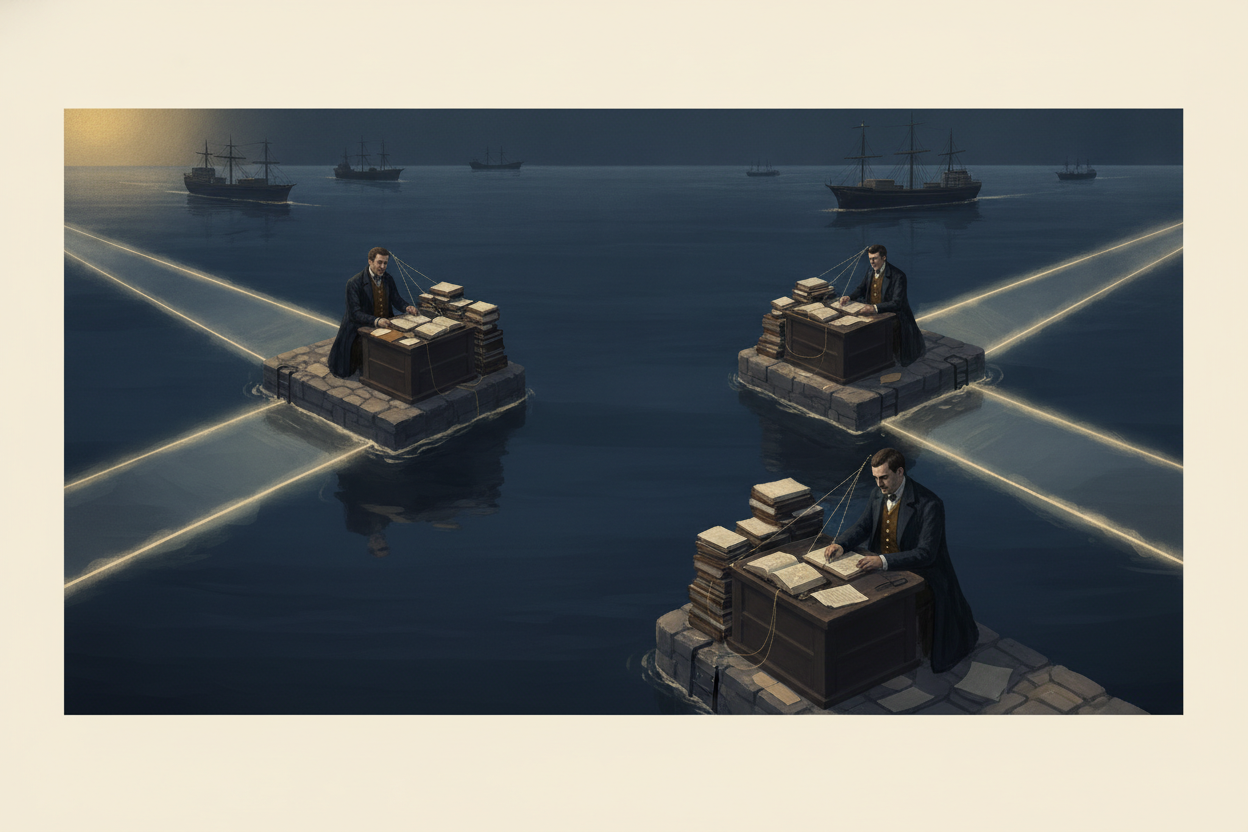 Editorial illustration: three sea lanes each arriving at its own small underwriting desk on a separate quay, fine gold threads joining some of the ledgers behind the clerks into a partial web, cargo ships waiting at a distance.