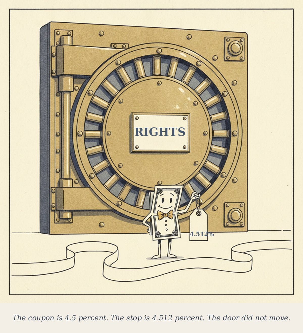 A 4.500 percent Treasury coupon sits in front of a locked vault marked Rights. A ticker tape reads 4.512 percent.