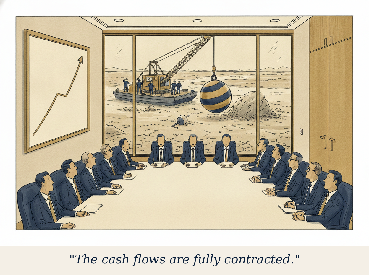 Editorial cartoon: a boardroom studies a rising chart while, through the window, a naval crew lowers a demolition charge into a dry riverbed. Caption: The cash flows are fully contracted.