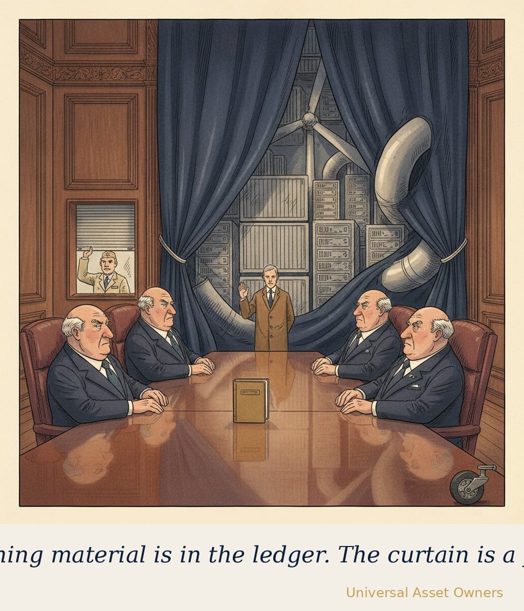 Editorial cartoon: directors study a slim ledger while an enormous curtain behind them bulges with containers, turbine blades, server racks and a pipeline