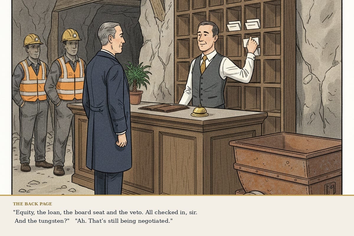 Editorial cartoon: a hotel reception desk inside a mine tunnel