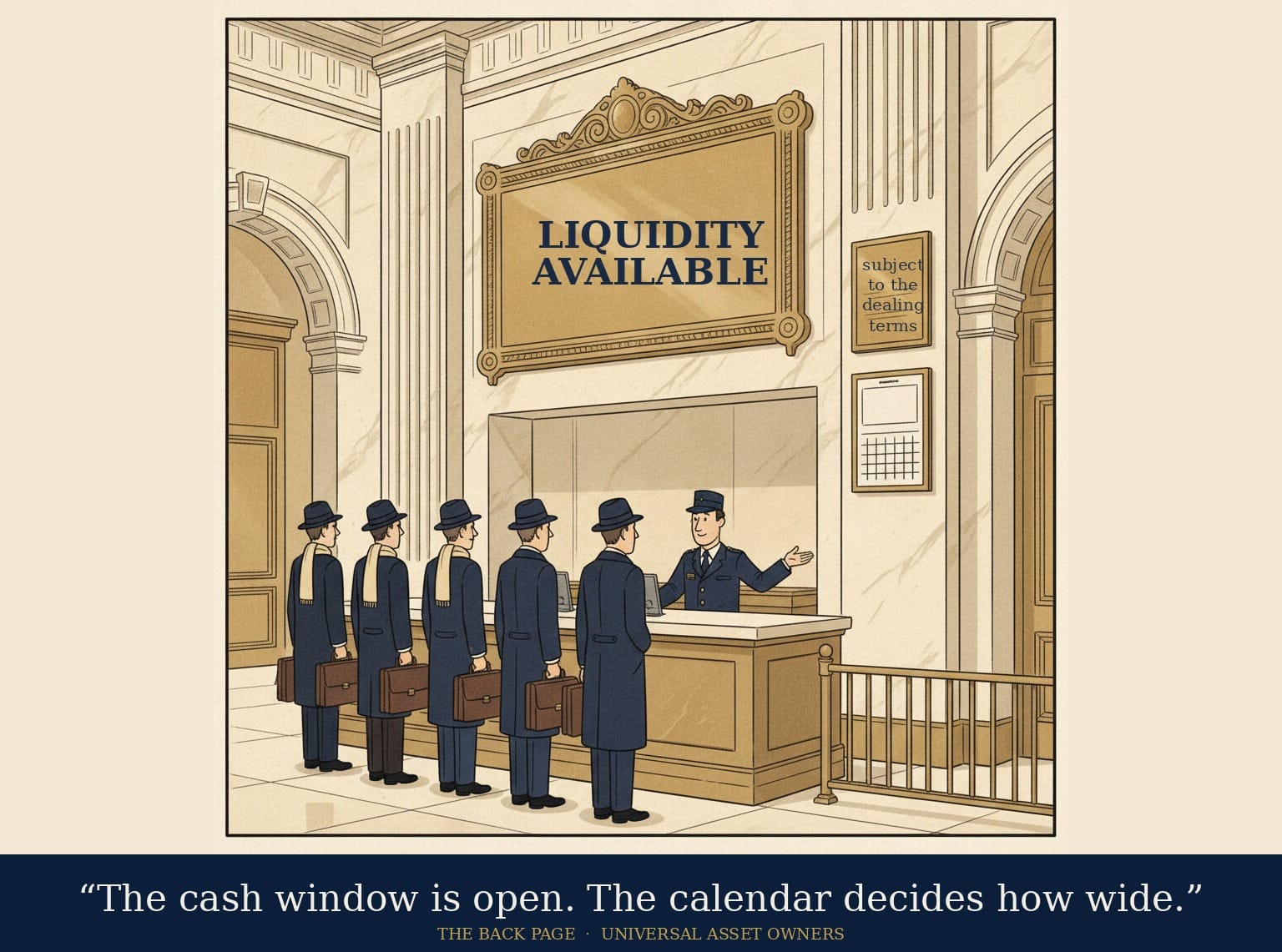 Editorial cartoon:a formal fund office lobby with a large sign reading LIQUIDITY AVAILABLE and a much smaller plaque beside the calendar reading subject to the dealing terms.