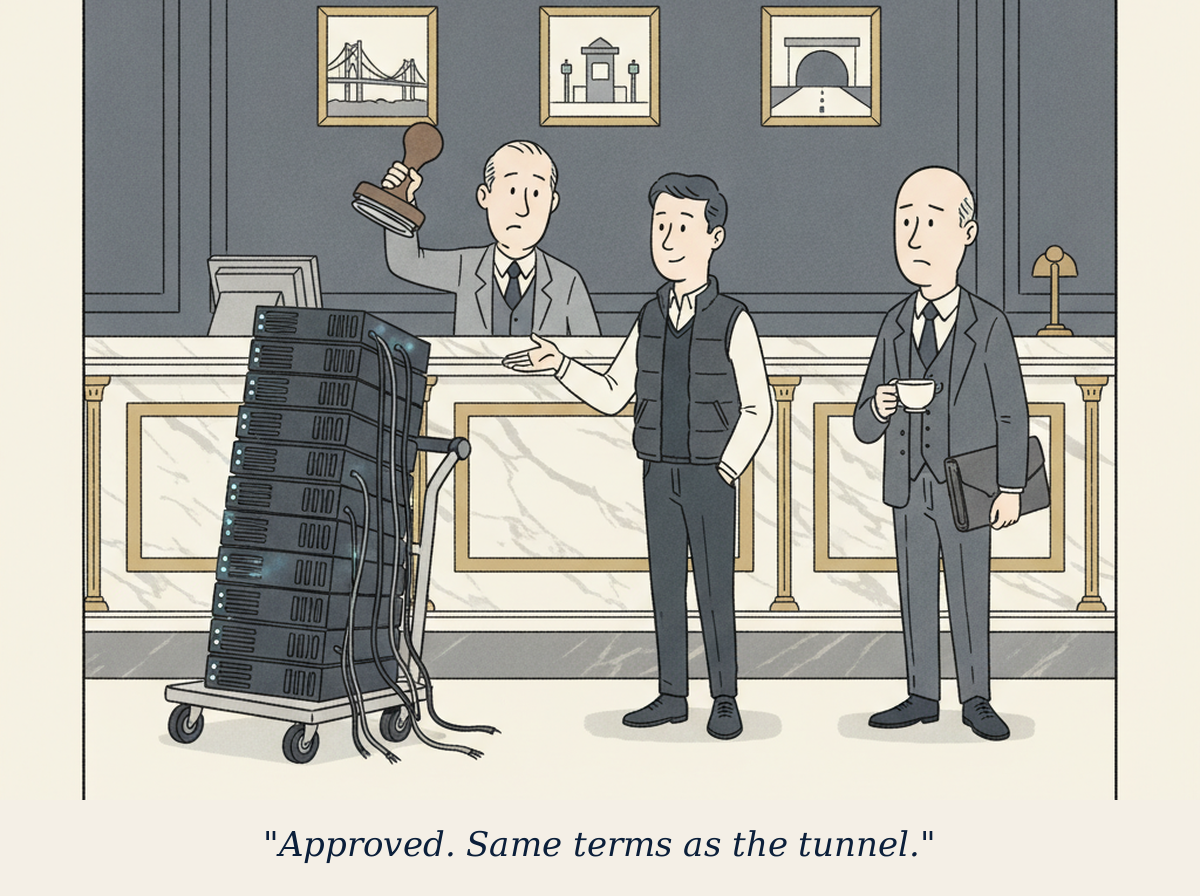 Editorial cartoon: in a grand bank lending office, a loan officer raises an approval stamp as a customer wheels in a trolley stacked with server racks; on the wall hang framed pictures of a bridge, a toll booth and a tunnel; The Allocator observes with a cup of tea. Caption: Approved. Same terms as the tunnel.