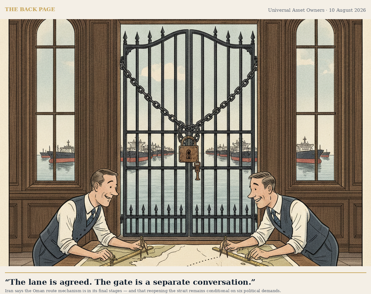 Editorial cartoon: two diplomats happily draw a dotted shipping lane on a nautical chart while behind them a chained and padlocked harbour gate holds back a queue of waiting tankers.