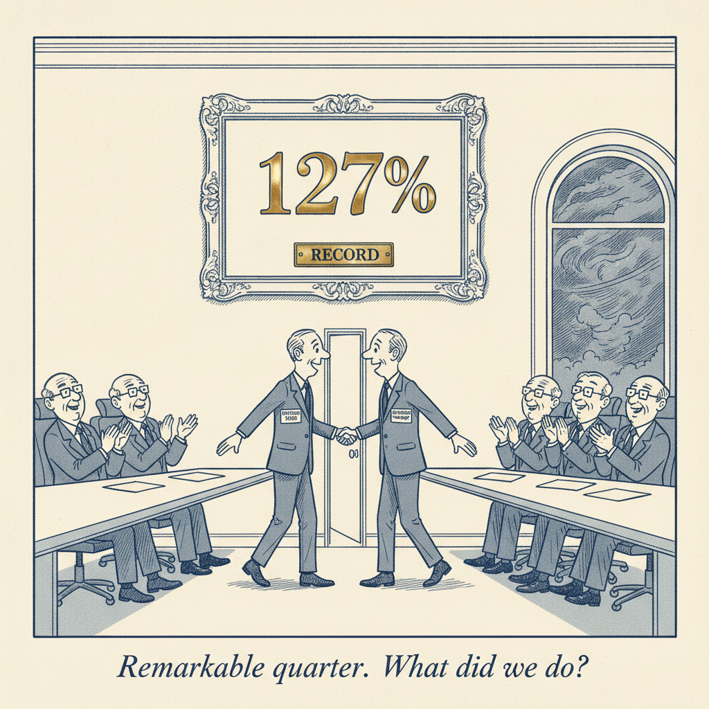 Editorial cartoon: trustees applaud a gilt 127% RECORD scoreboard while two figures at the doorway cancel each other out
