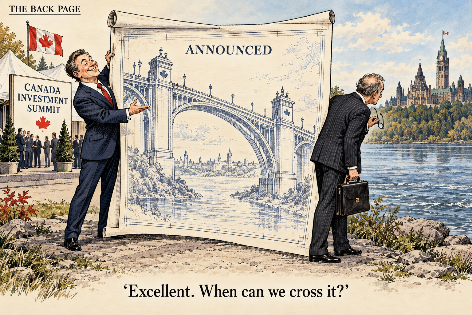 Excellent. When can we cross it? — fictional summit host with Announced bridge blueprint; pension trustee looks at the river