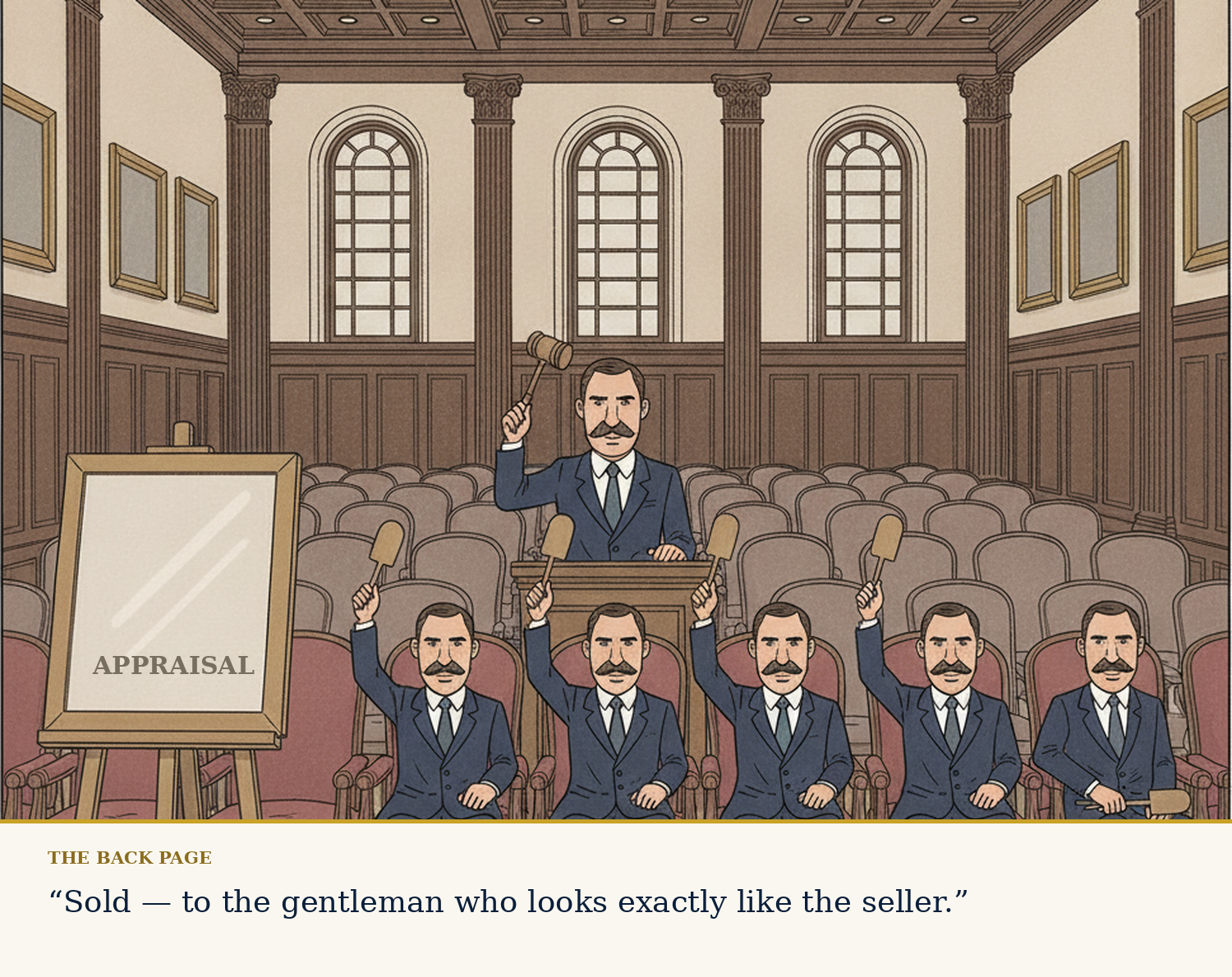 Editorial cartoon — the auction room