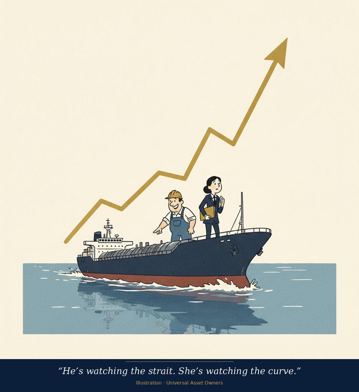 Illustration: a loaded tanker under way through a calm strait; the horizon behind it is drawn as a steeply rising yield curve. One figure on deck points at the water ahead; another looks up at the rising line. Caption: He’s watching the strait. She’s watching the curve.