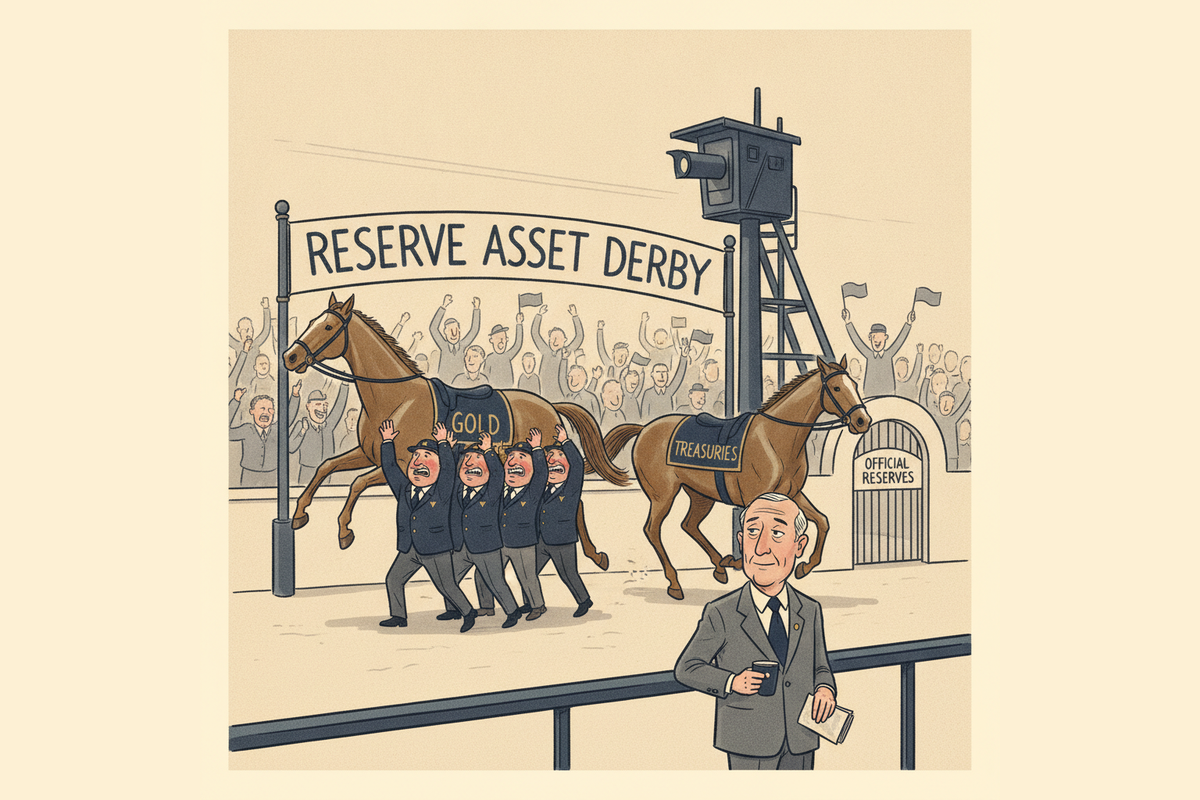 Editorial cartoon: the Reserve Asset Derby — Gold is carried across the finish line by five stewards while Treasuries runs it alone