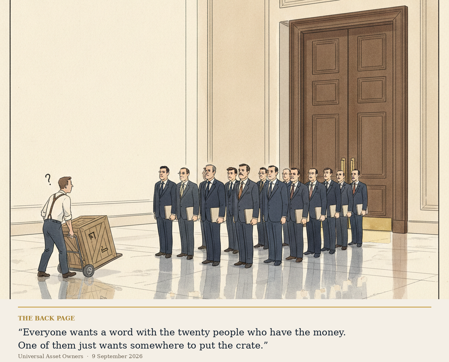 Editorial cartoon: a long queue of suited figures with presentation folders waits at a set of institutional doors, while one figure in shirtsleeves wheels a heavy crate away, looking for somewhere to leave it