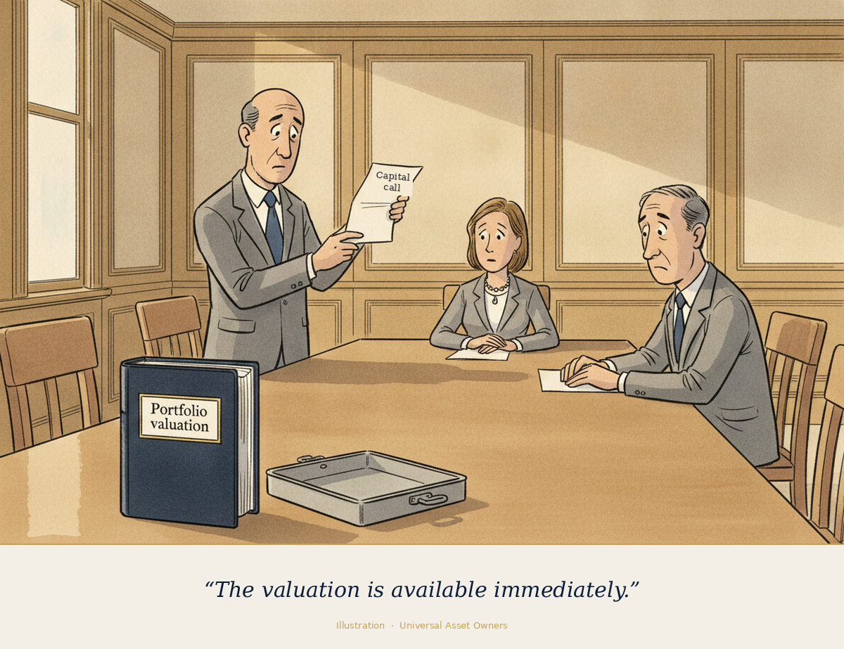 Satirical drawing of a committee with a substantial valuation binder and an empty cash tray as a trustee reads a capital-call notice. Caption: The valuation is available immediately.