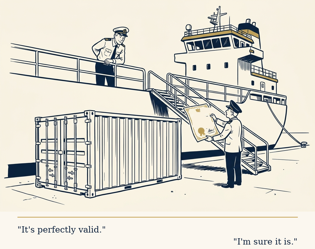 Editorial cartoon: a customs official offers a stamped licence to a ship's captain while the container stays on the quay. Caption: It's perfectly valid. / I'm sure it is.