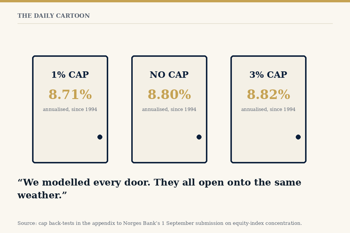 Editorial cartoon: three doors labelled one per cent cap 8.71 per cent, no cap 8.80 per cent, three per cent cap 8.82 per cent, annualised since 1994.