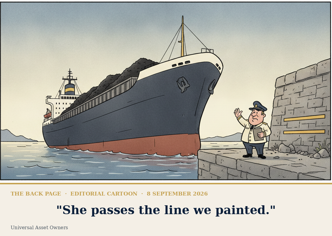 Editorial cartoon: a coal carrier passes a plimsoll line marked 20% of revenue while dock markings read 10 Mt and 5 GW