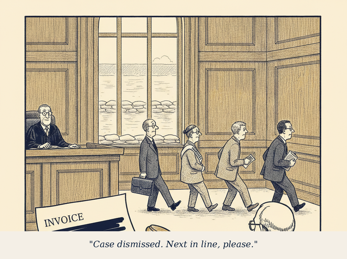 Editorial cartoon: a courtroom, a $75 billion invoice with the payer's name struck through, and a queue of officials quietly stepping back — 'Case dismissed. Next in line, please.'