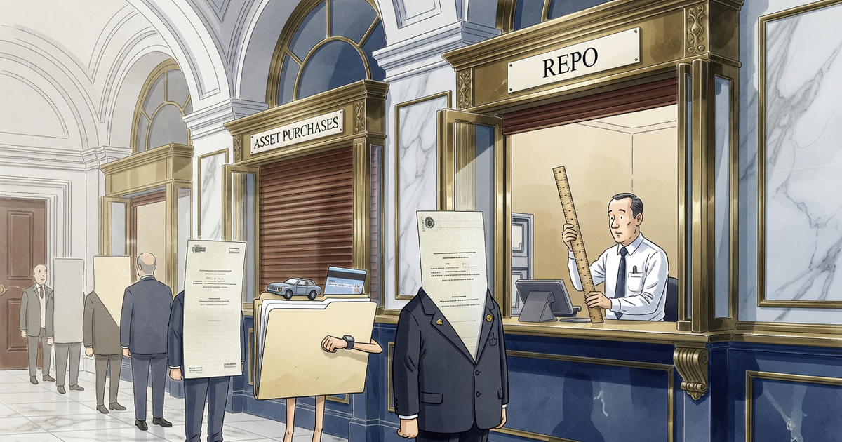 Editorial cartoon: a central bank counter. The 'Asset Purchases' window is shuttered; the 'Repo' window is open, and in the queue a dignified government bond stands ahead of a nervous folder of car leases checking its watch, while the teller holds up a ruler.