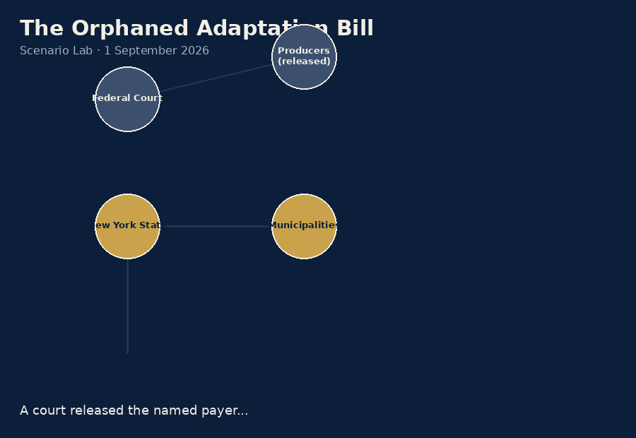 Scenario relationship map: court releases producers; the adaptation bill migrates toward the state, municipalities, ratepayers, insurers and bondholders