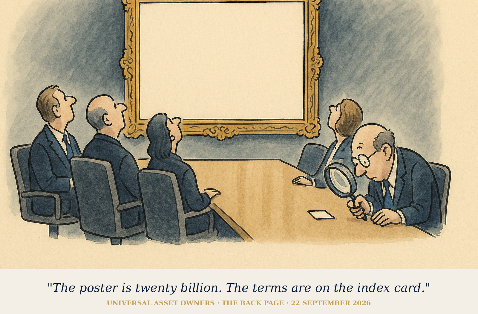 Editorial cartoon: The poster is twenty billion. The terms are on the index card.