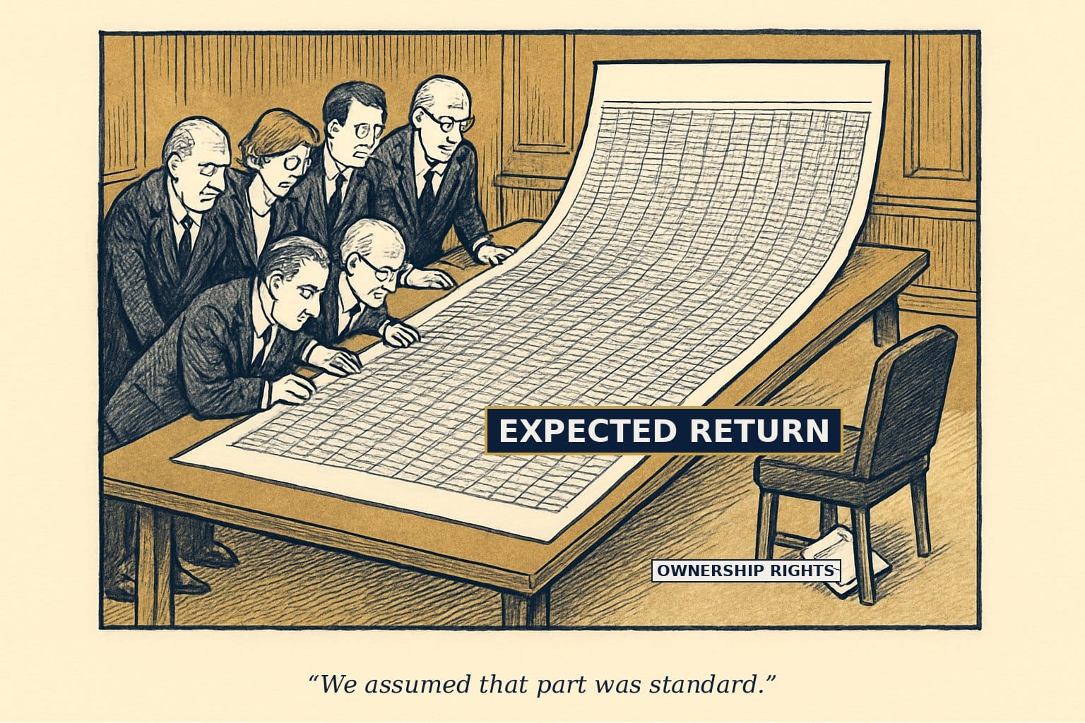 Satirical drawing of an investment committee studying a wall-sized expected-return spreadsheet while a small ownership-rights document props up a wobbly chair. Caption: We assumed that part was standard.