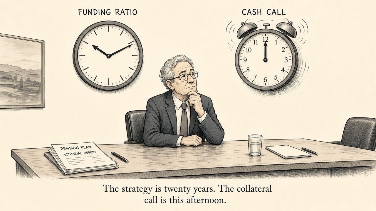 Editorial cartoon: funding-ratio clock versus cash-call clock