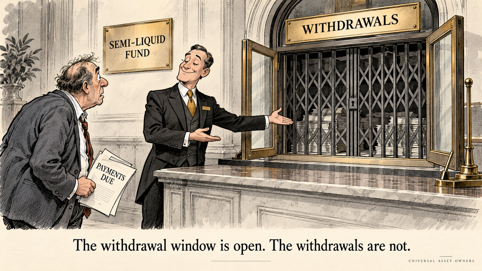 A fictional investor faces an open withdrawal window with a locked gate behind it.