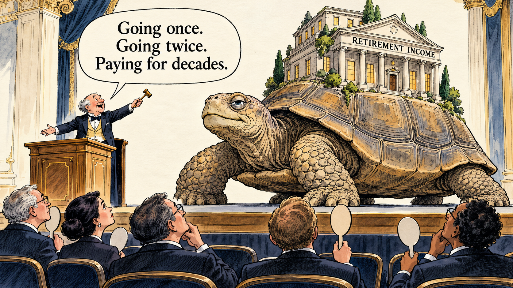 An auctioneer offers a retirement-income business carried by a tortoise: Going once. Going twice. Paying for decades.
