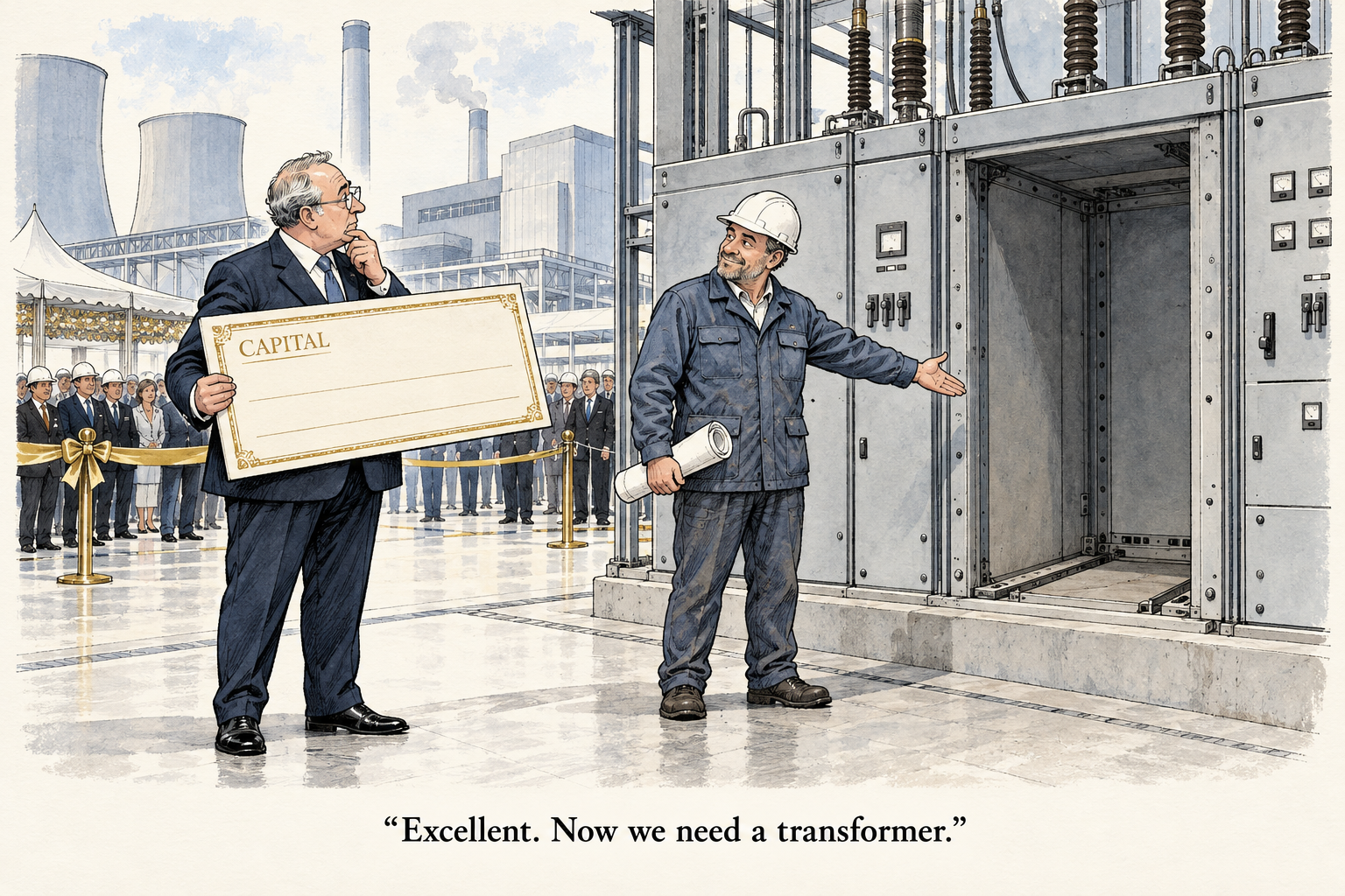 A fictional investor holds a capital cheque while an engineer points to empty switchgear. Caption: Excellent. Now we need a transformer.